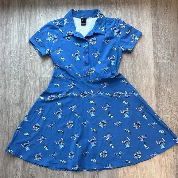 Disney Women's Stitch Polo Skater Dress Blue Lilo & Stitch Fit Flare Small - Picture 2 of 9